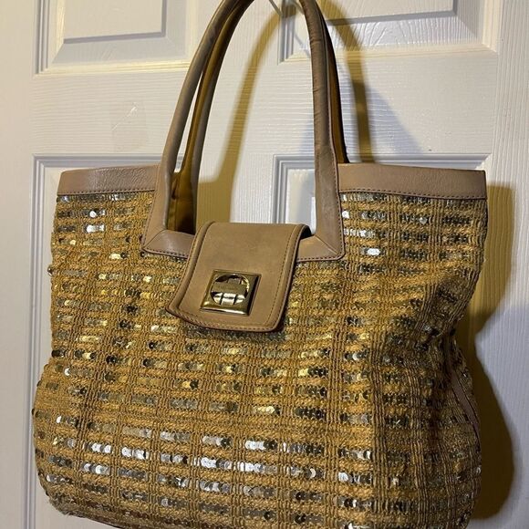 Kate Spade Jute and sequins Tan & Gold shoulder bag leather beige straps & trim - Picture 3 of 16